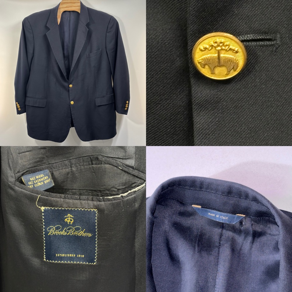 Brooks Brothers Navy Blazer Mens 46R Gold Button Wool Cashmere Made Italy